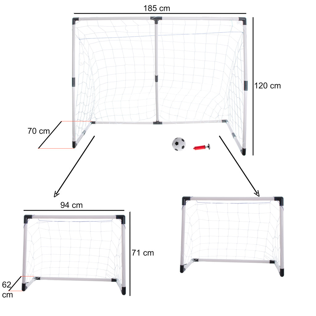 Bērnu futbola vārtu 2in1 izmēri 185x120x70 cm un mini vārti