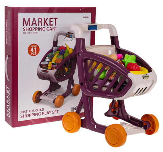 Bērnu iepirkumu ratiņi violetā un krēmkrāsā ar pārtikas produktu imitācijām, gaismām un mūziku, 41 detaļa