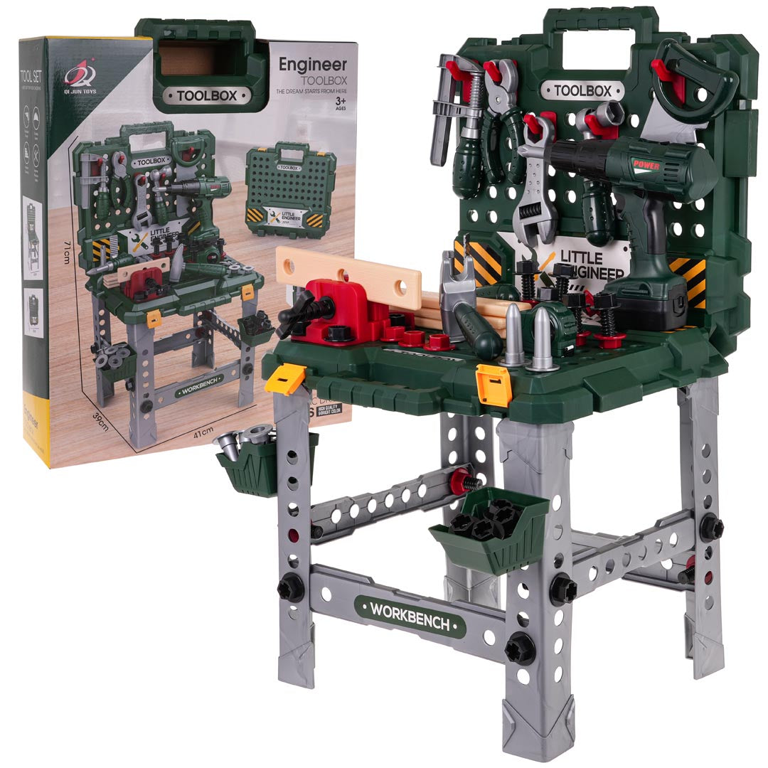 Zaļš bērnu instrumentu darbagalds 2-in-1 ar koferi, urbjmašīnu un instrumentu piederumiem, 98 detaļas