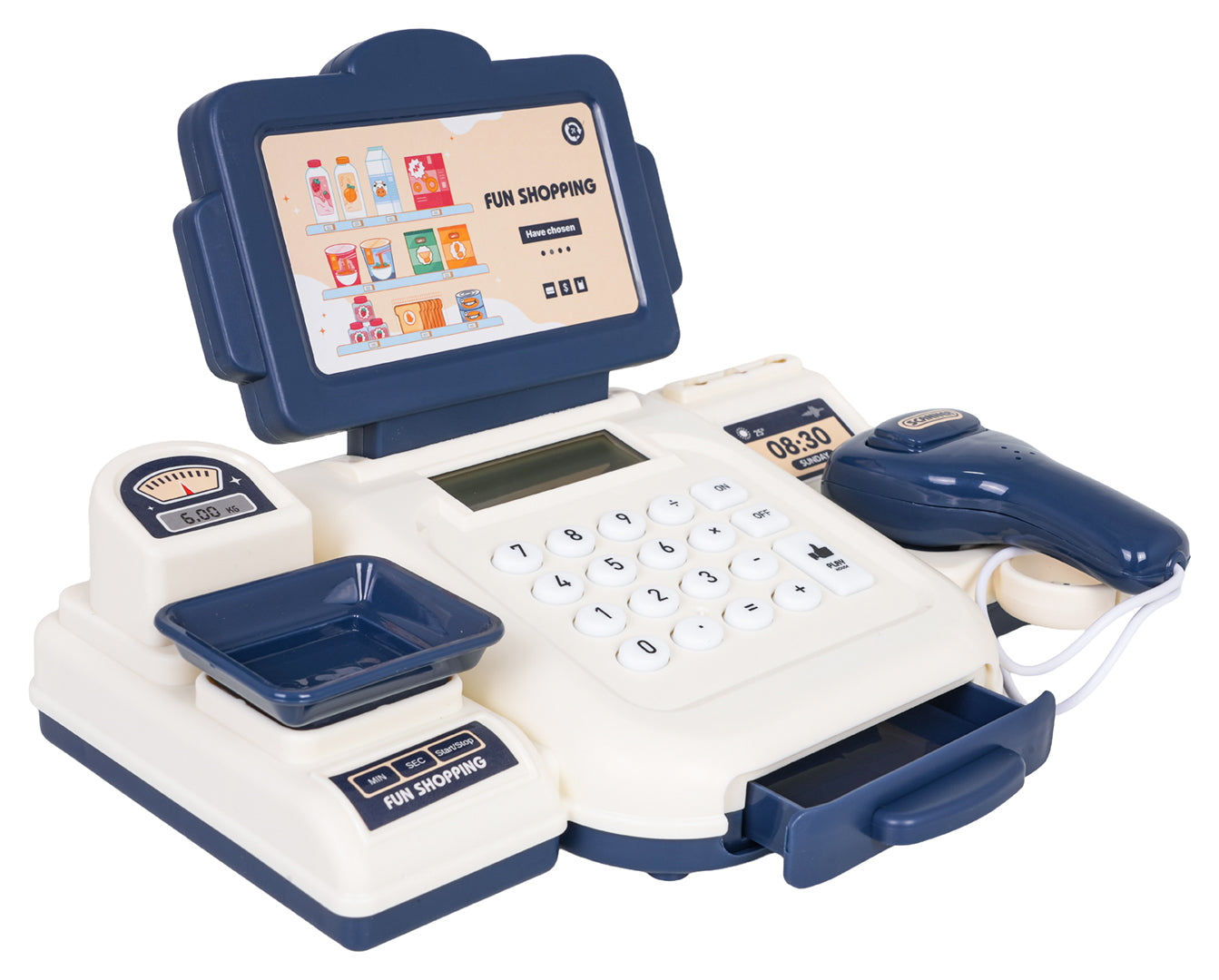 bērnu rotaļlietu kase ar displeju, tastatūru, skeneri un svaru trauciņu