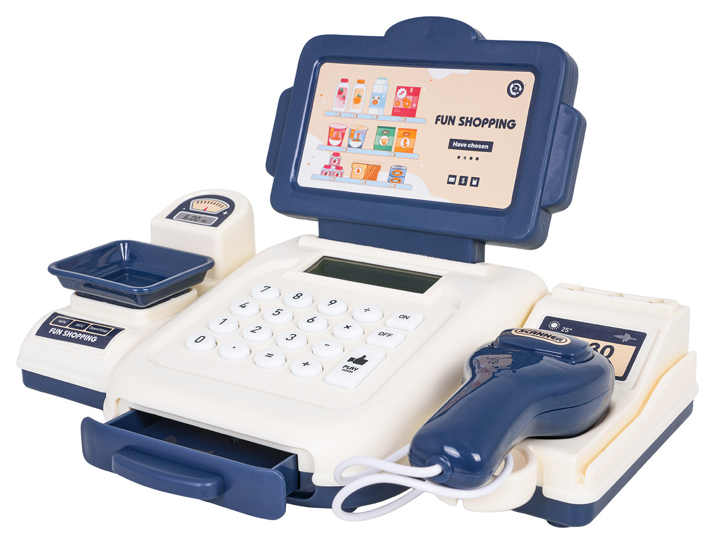 bērnu rotaļlietu kase ar displeju, kalkulatora tastatūru, skeneri un naudas atvilktni