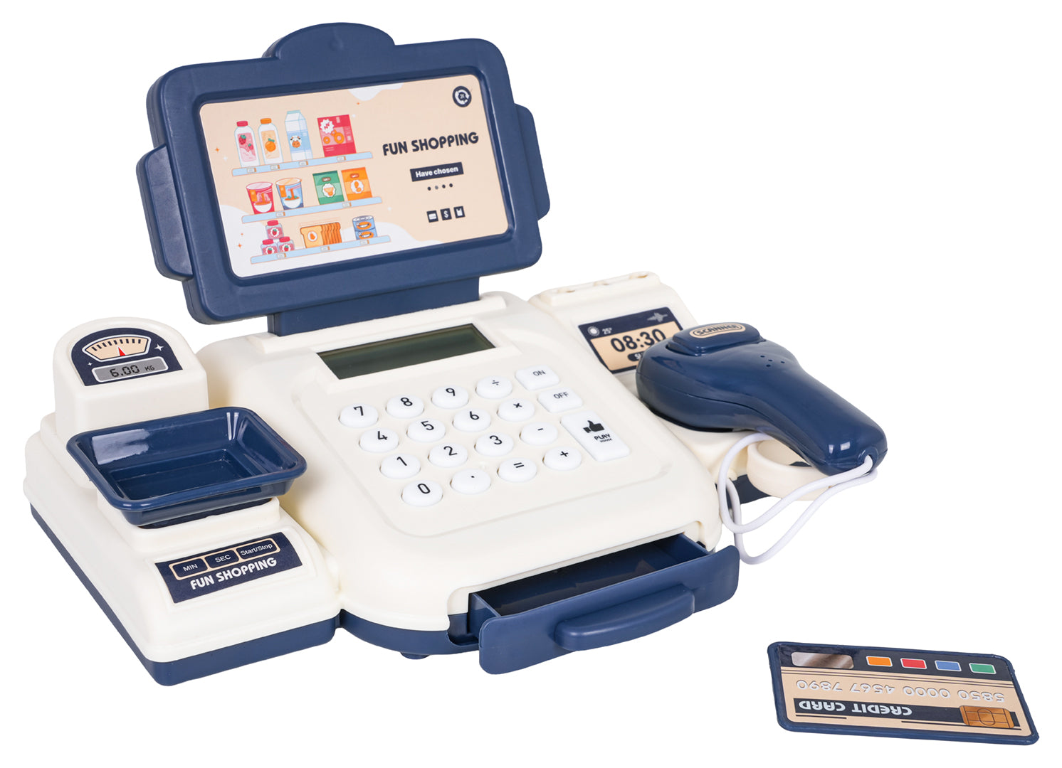 bērnu rotaļlietu kase ar displeju, skeneri, svaru trauciņu, maksājumu karti un naudas atvilktni