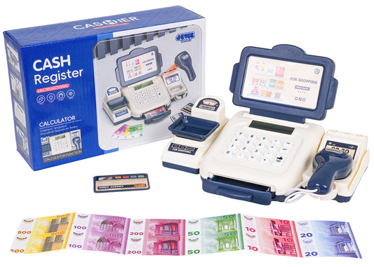 bērnu rotaļlietu kase ar skeneri, maksājumu termināli, čeku printeri un rotaļu naudu komplektā