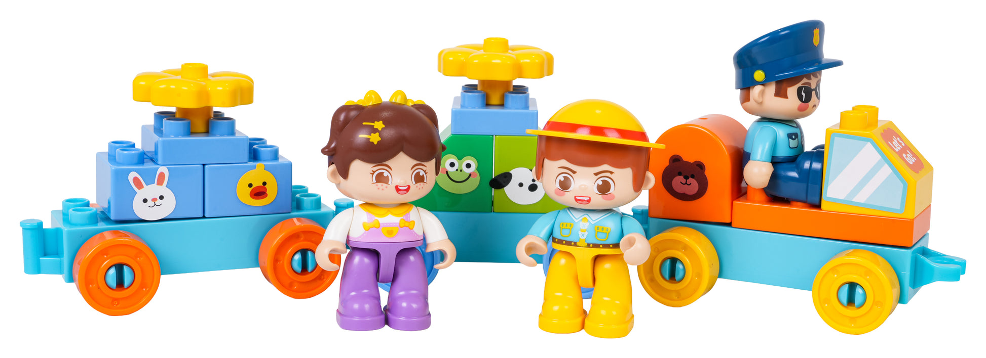 bērnu rotaļu vilciens ar krāsainiem konstruktora klucīšiem un trīs figūriņām