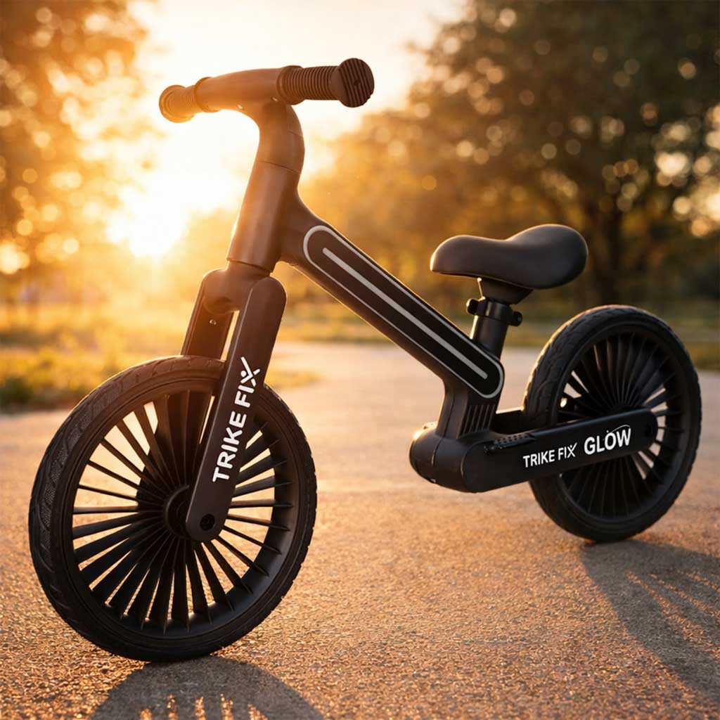 Bērnu līdzsvara velosipēds Trike Fix Glow ārā uz ceļa saulrietā