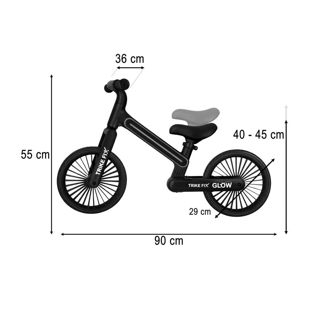 Bērnu līdzsvara velosipēds Trike Fix Glow izmēru shēma ar regulējamu sēdekļa augstumu