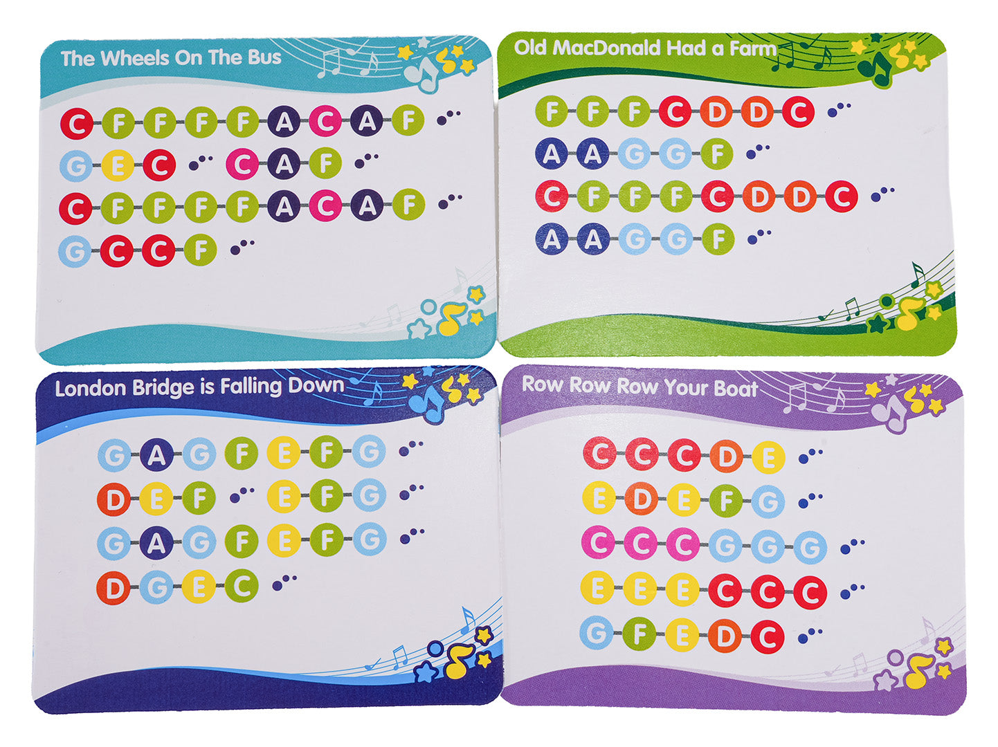 Krāsainas mācību kartītes ar notīm populārām bērnu dziesmām – The Wheels On The Bus, Old MacDonald, London Bridge un Row Row Row Your Boat