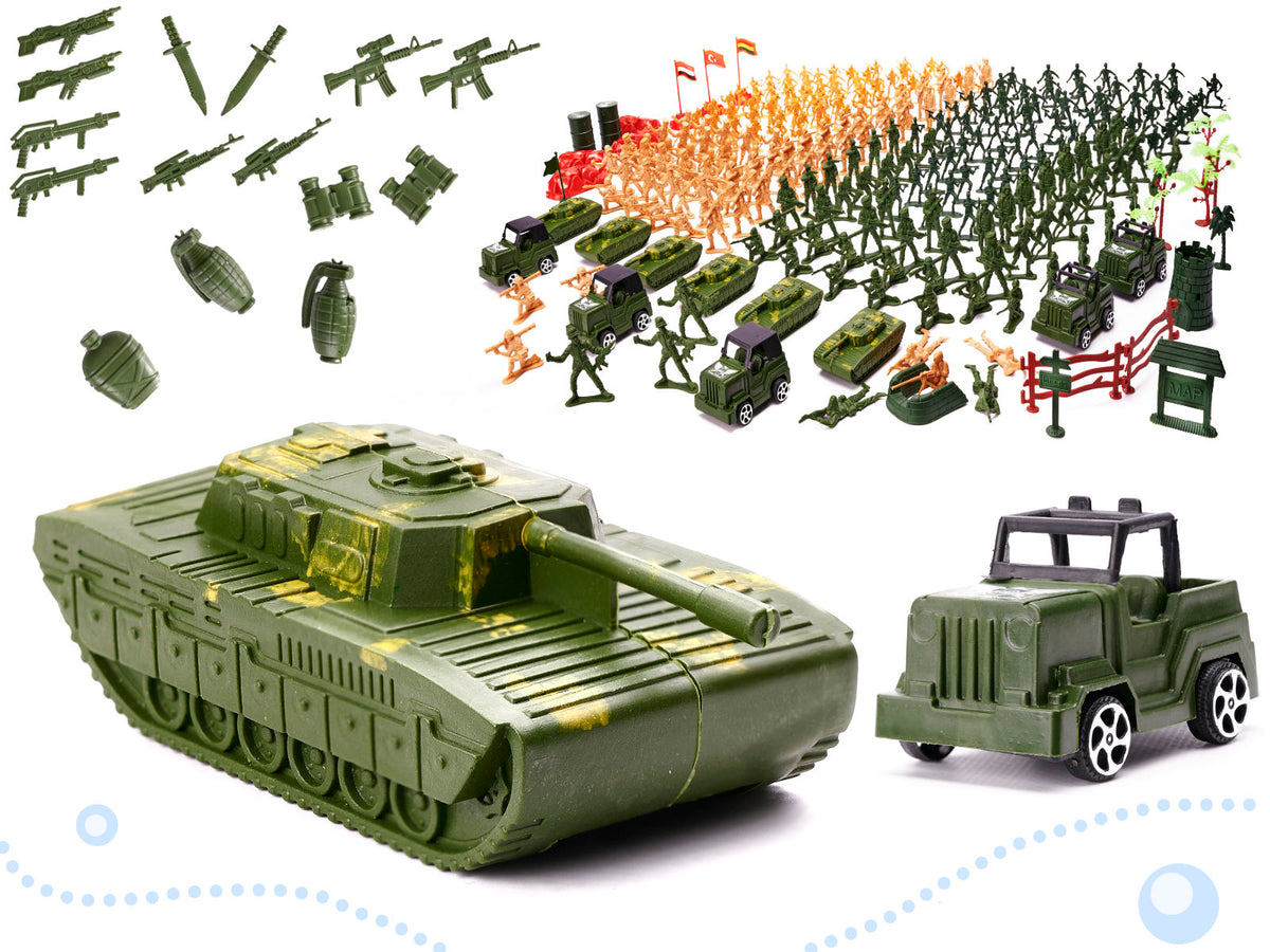 Bērnu militārais rotaļu komplekts ar karavīru figūriņām, tankiem, džipiem un piederumiem, 307 detaļas