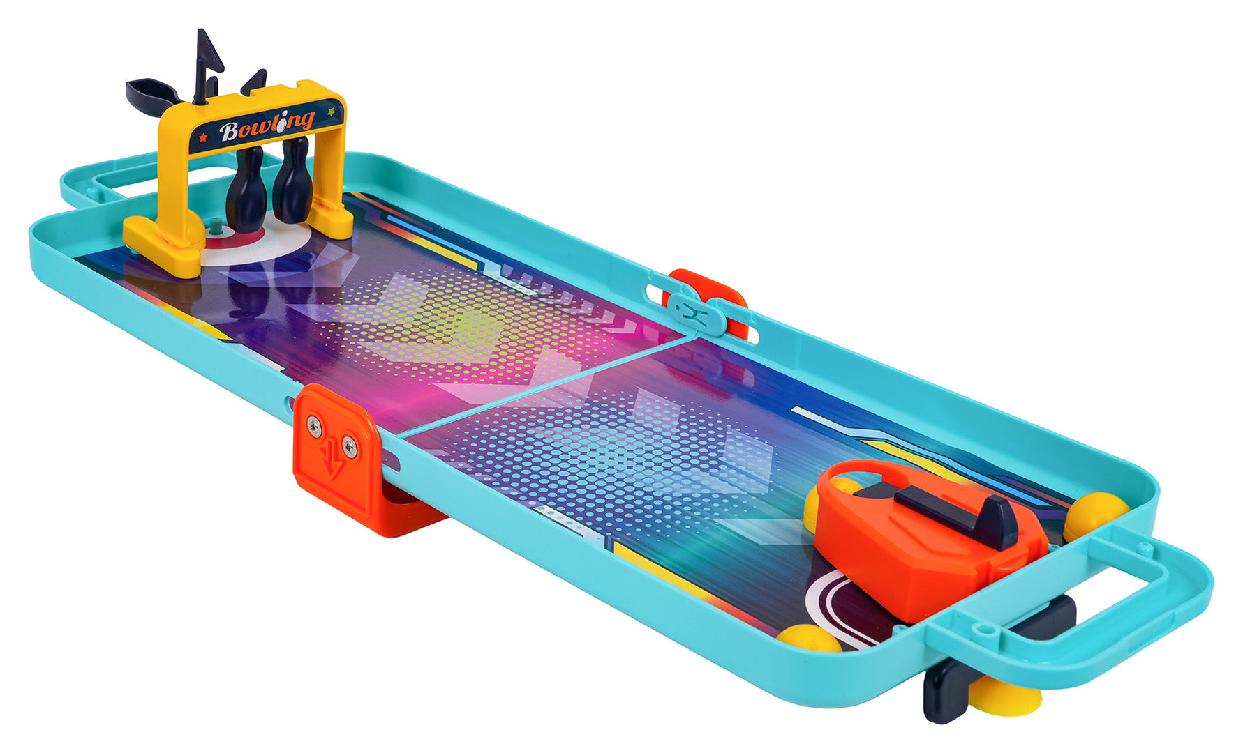 Bērnu mini boulinga spēle ar krāsainu laukumu un trīs melnām keglēm