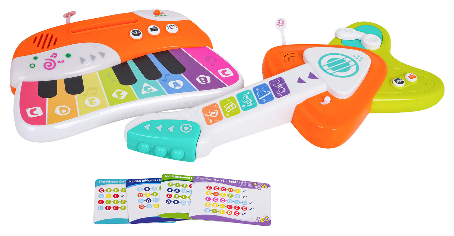 Bērnu muzikālā rotaļlieta – klavierītes un ģitāra ar krāsainām taustiņu notīm un mācību kartītēm