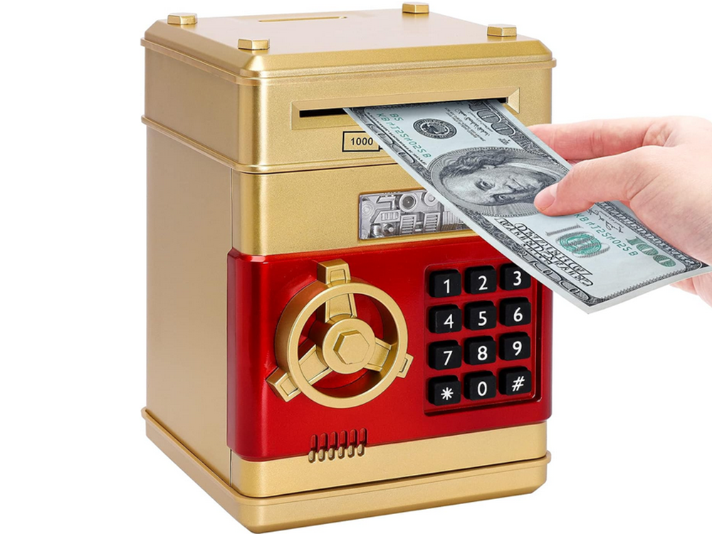 Bērnu naudas krājkase seifa un bankomāta stilā ar piekļuves kodu un banknošu ievilkšanu