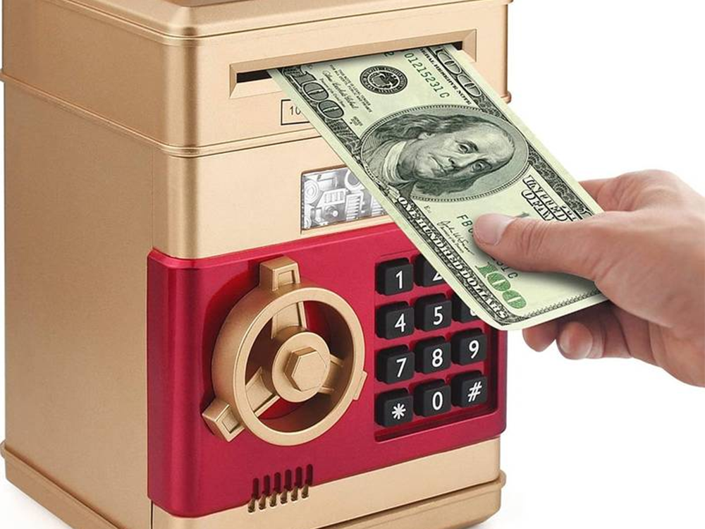 Bērnu naudas krājkase seifa un bankomāta stilā ar banknošu automātisku ievilkšanu