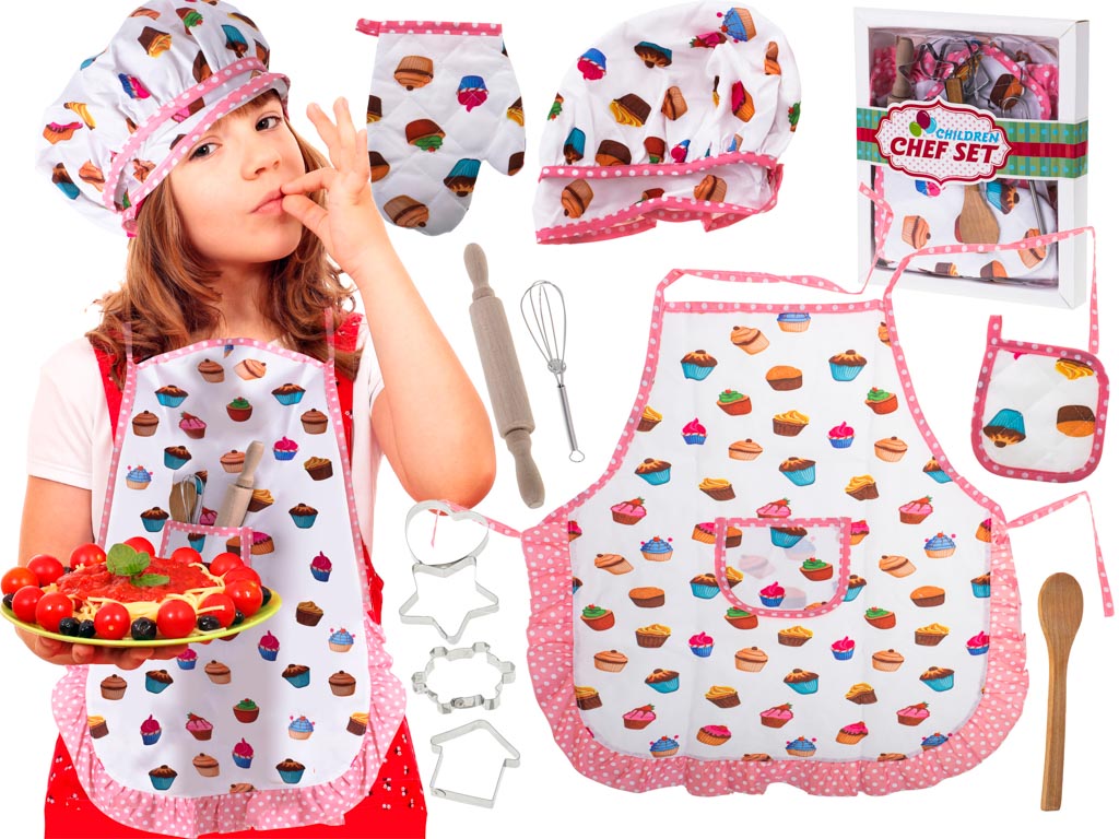 Bērnu pavāra komplekts ar priekšautu, cepuri, virtuves cimdu, koka karoti, mīklas rulli un formiņām