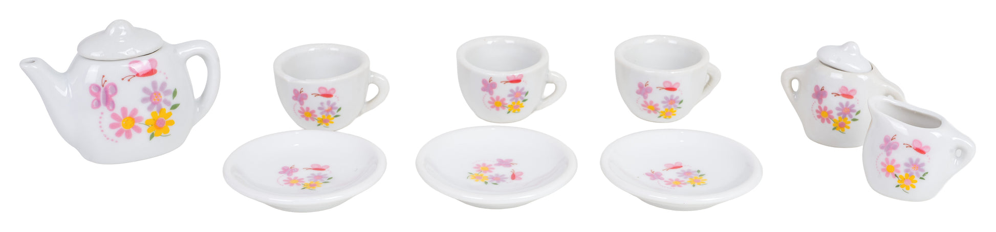 Porcelāna bērnu tējas servīzes komplekts – tējkanna, trīs tasītes ar apakštasītēm, cukurtrauciņš un piena krūzīte ar tauriņu un puķu rakstu.