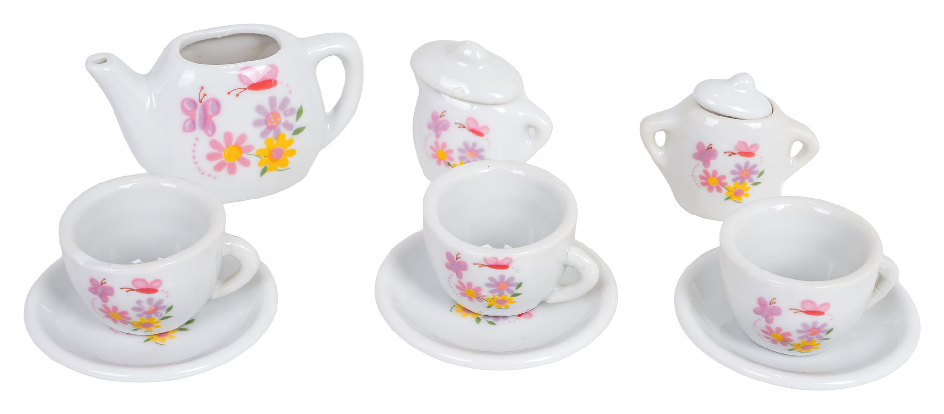 Porcelāna bērnu tējas servīze – tējkanna, divi trauciņi ar vāciņiem, trīs tasītes ar apakštasītēm, rotātas ar rozā un dzelteniem ziediem un tauriņiem.