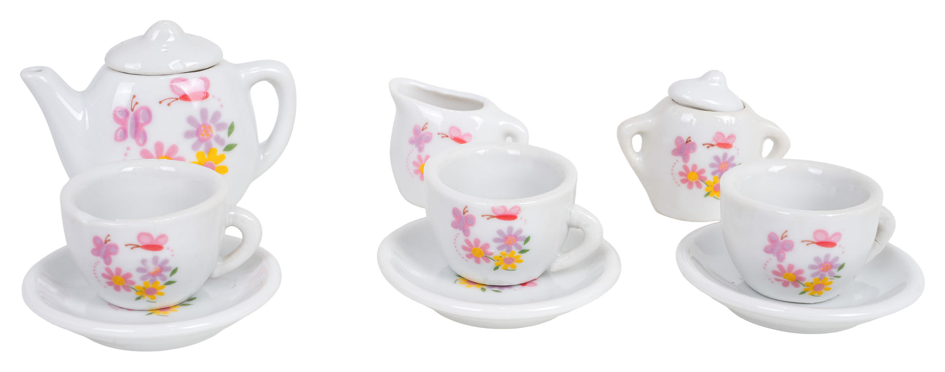 Porcelāna bērnu tējas servīze – tējkanna, krūzīte pienam, cukurtrauciņš un trīs tasītes ar apakštasītēm, rotātas ar tauriņu un ziedu rakstu.