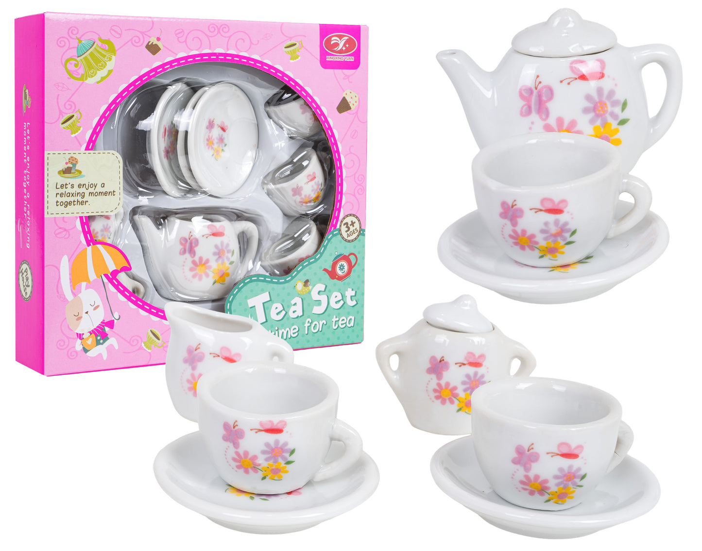 Bērnu porcelāna tējas servīzes komplekts ar krūzītēm, apakštasītēm, tējkannu, cukurtrauku un piena kanniņu ar ziedu un tauriņu apdruku, iepakots rozā dāvanas kastē