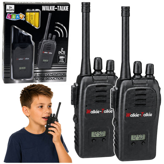 Bērnu rācijas 2 gab. melnā krāsā ar USB uzlādi, baterijām un trokšņu samazināšanu