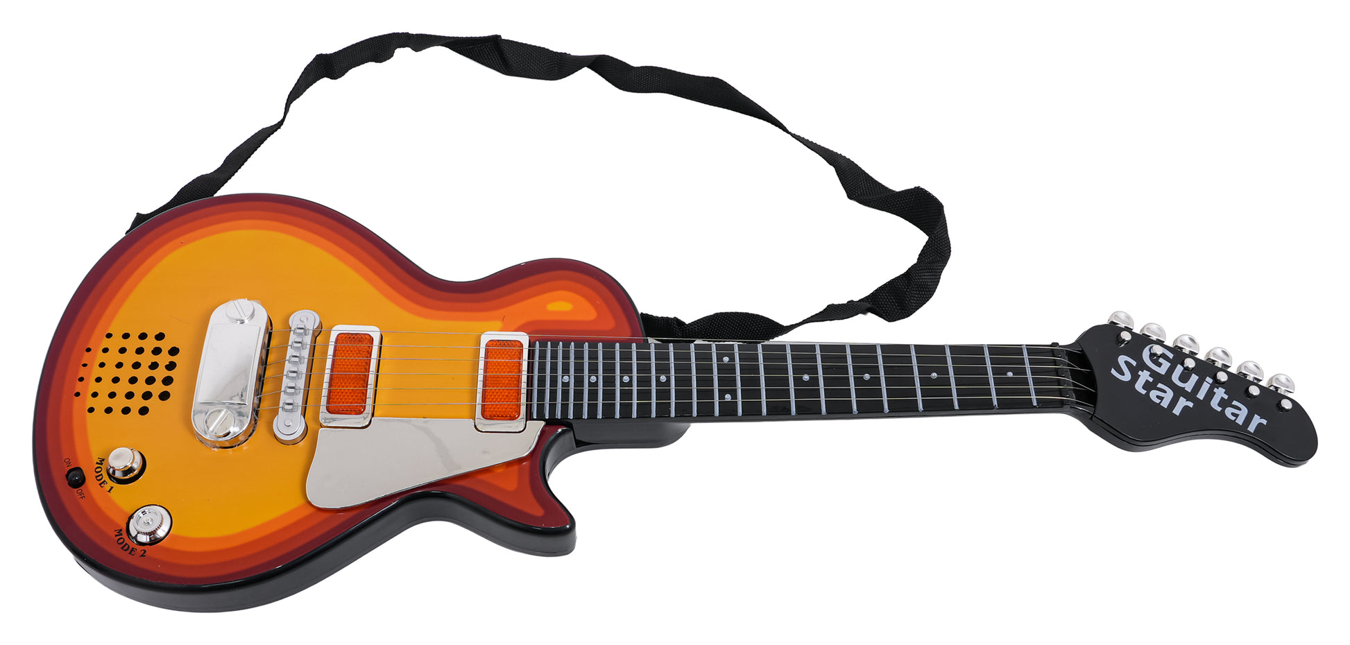 Bērnu rotaļu elektriskā ģitāra ar plecu siksnu, nolikta horizontāli