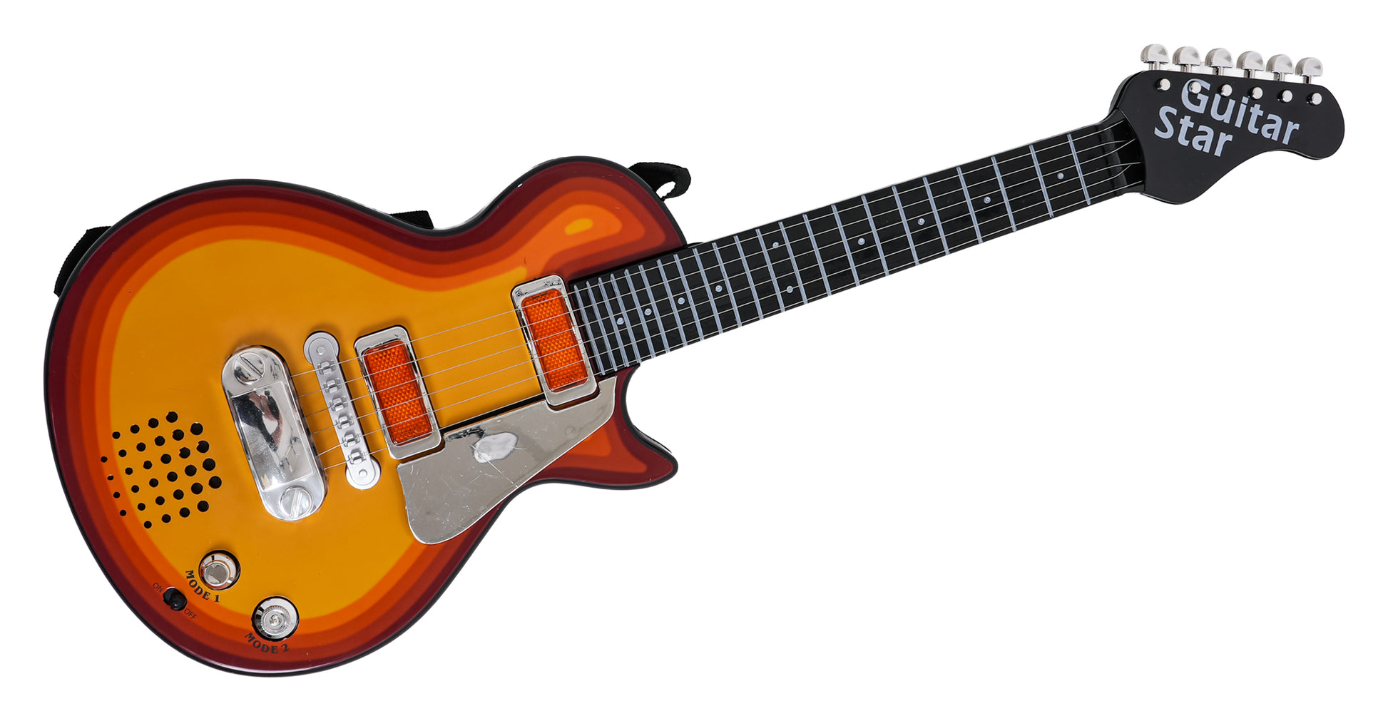 Bērnu rotaļu elektriskā ģitāra oranžā un sarkanā dizainā, nolikta slīpi