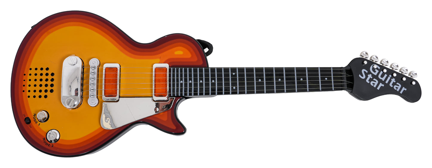 Bērnu rotaļu elektriskā ģitāra oranžā dizainā, novietota taisni