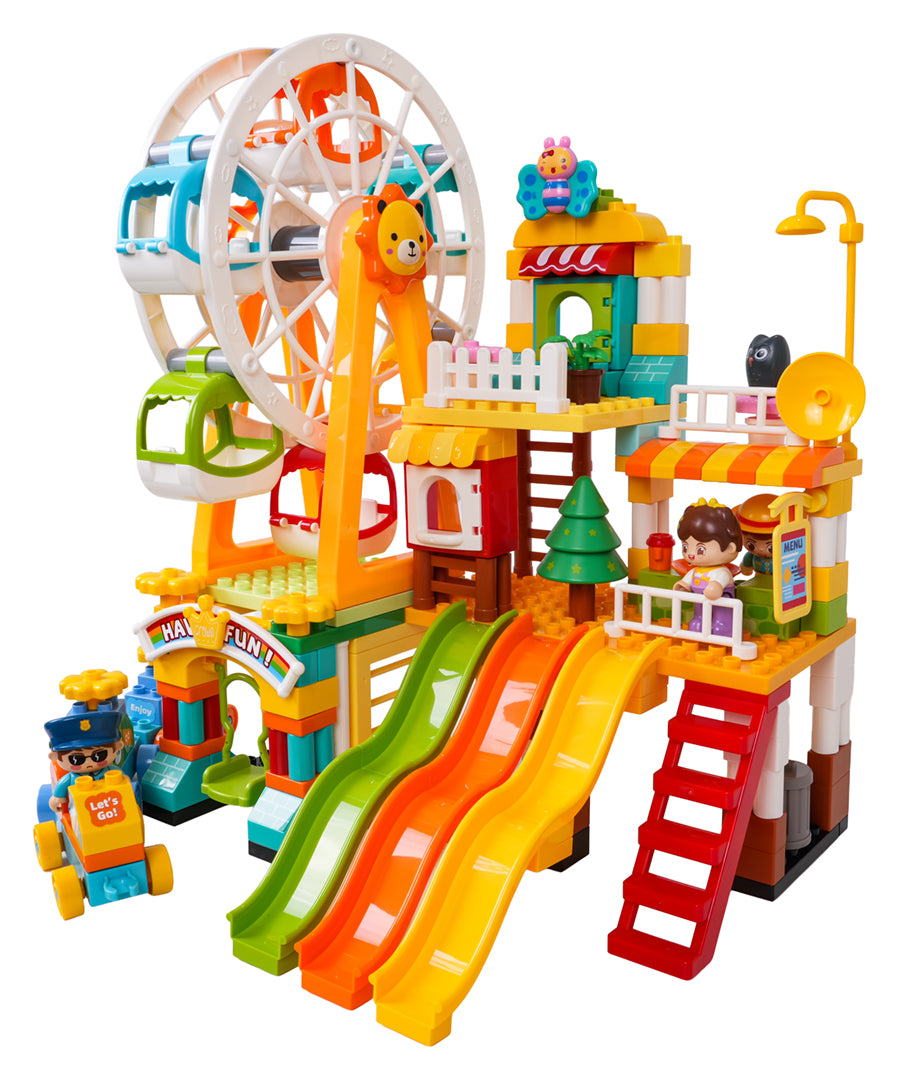 bērnu rotaļu konstruktors ar panorāmas ratu un trīskāršiem slidkalniņiem