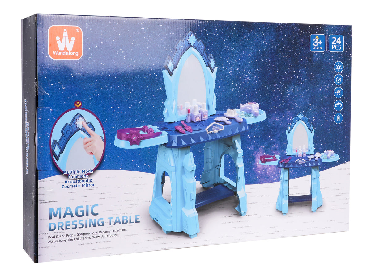 Bērnu skaistumkopšanas galdiņš Magic Dressing Table ar spoguli, gaismām, skaņām un 24 piederumiem — iepakojums