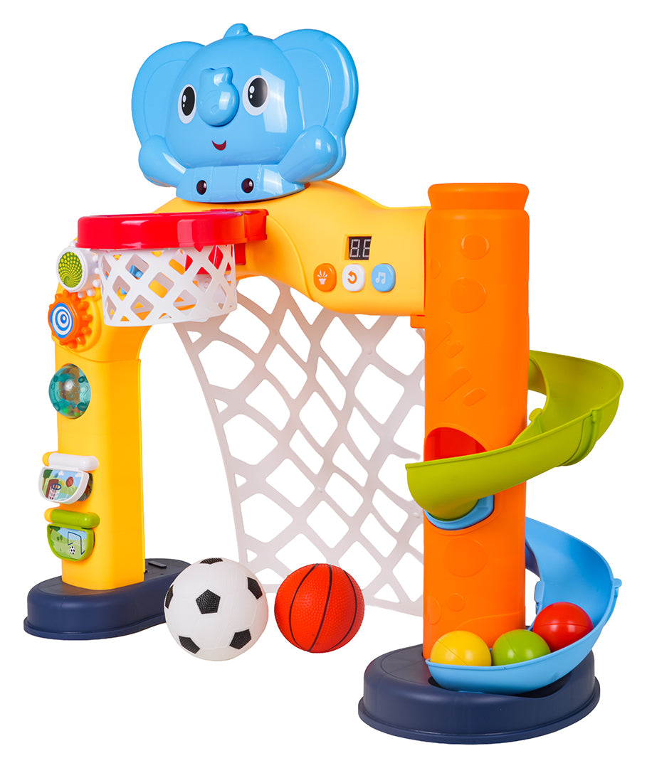 Bērnu sporta aktivitāšu centrs ar basketbola grozu, futbola vārtiem, bumbām un spirālveida bumbu trasi