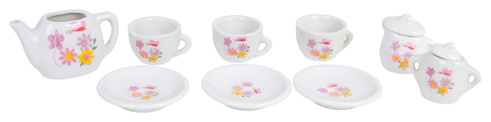 Porcelāna bērnu tējas servīze – tējkanna, trīs krūzītes, trīs apakštasītes, cukurtrauks un piena kanniņa ar rozā un dzeltenu ziedu un tauriņu apdruku.