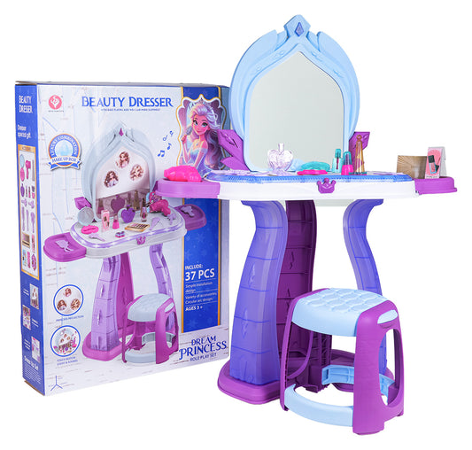 Bērnu tualetes galdiņš ar spoguli, tabureti, gaismām un skaņām zilā un violetā krāsā, komplektā 37 aksesuāri