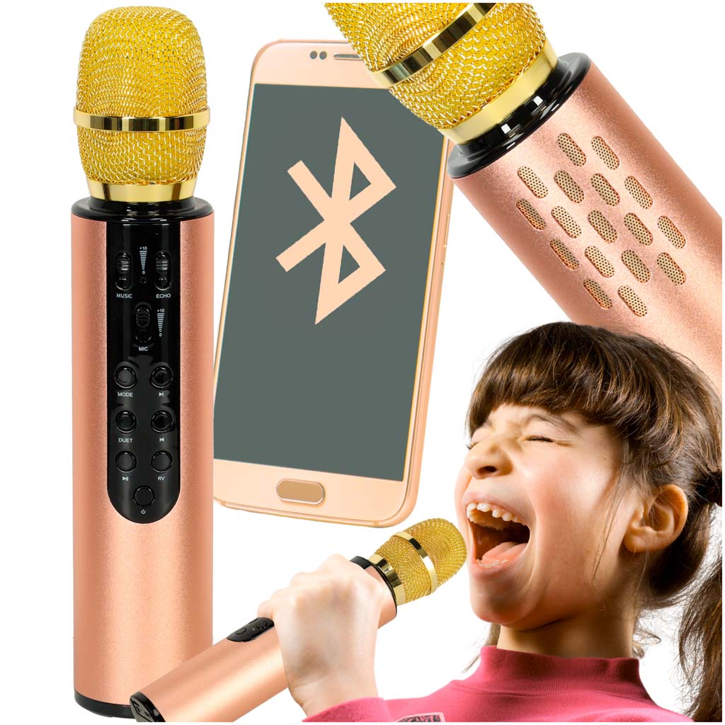 bezvadu karaoke mikrofons k3 zelta krāsā ar bluetooth un vadības pogām
