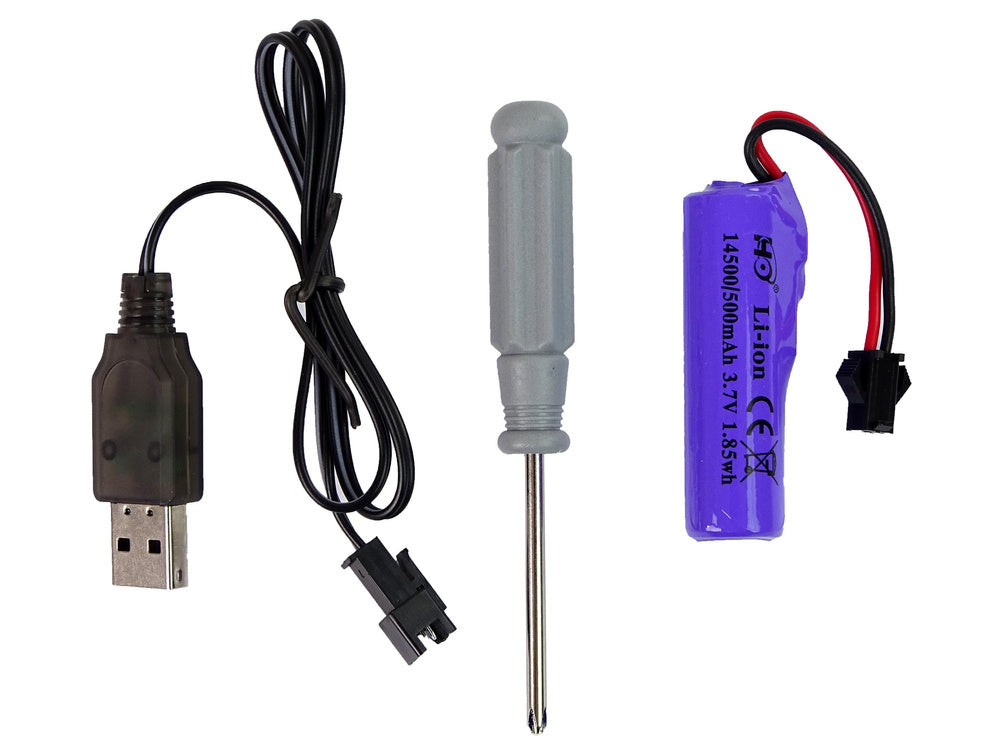 Elektronisko komponentu komplekts, ieskaitot USB kabeli, skrūvgriezi un akumulatoru uz balta fona.