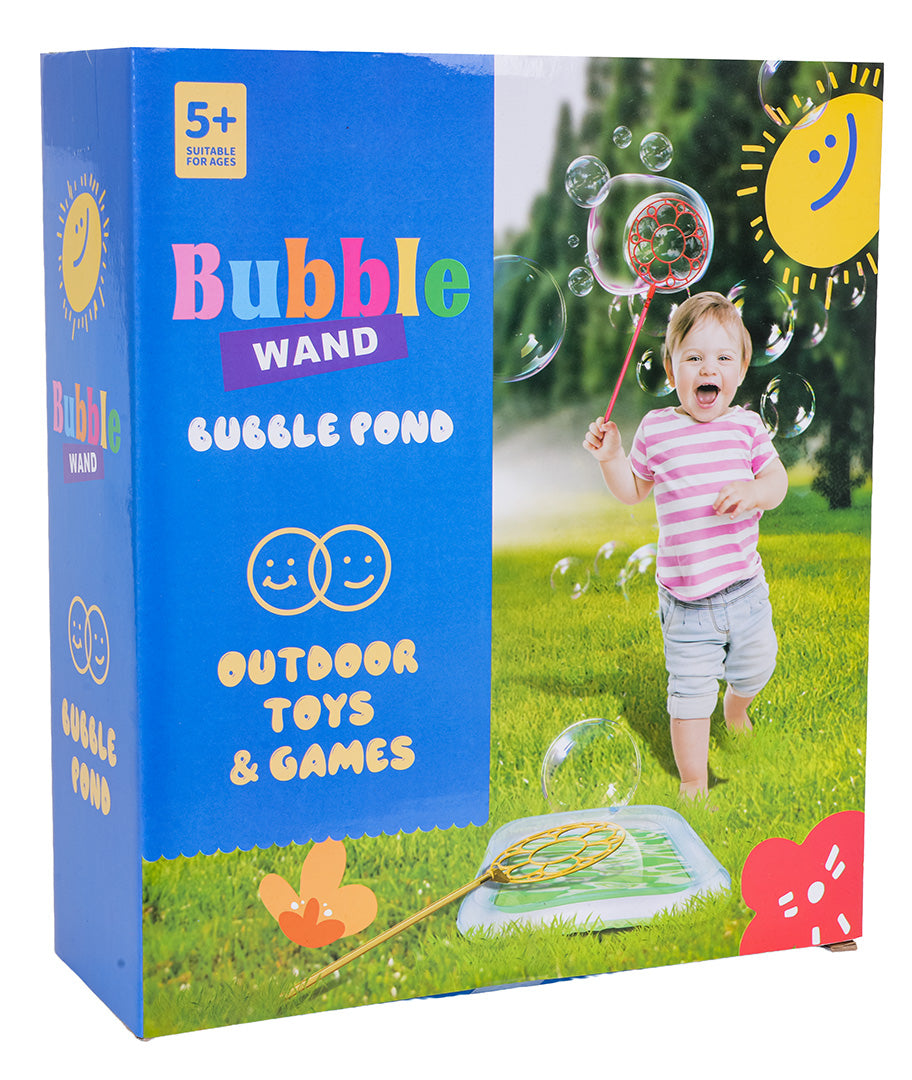 Burbuļu pūšanas komplekta “Bubble Wand” iepakojums ar bērnu un burbuļu riņķi