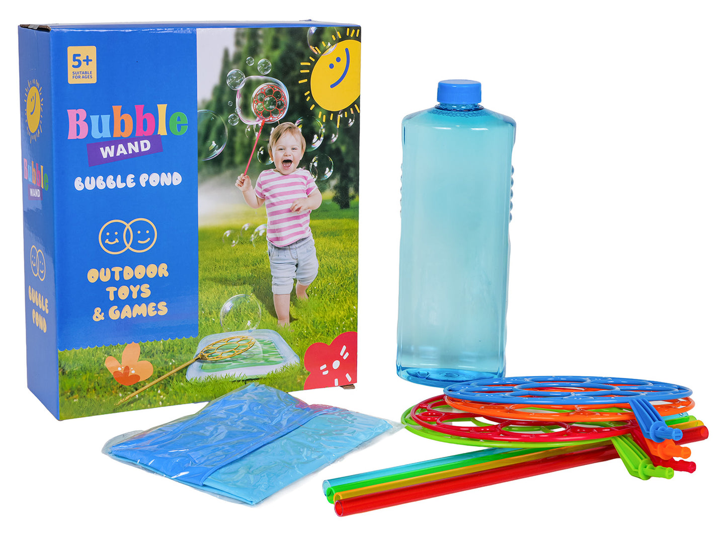 Burbuļu pūšanas komplekts “Bubble Wand” ar burbuļu šķīduma pudeli, četriem riņķiem un piepūšamu baseinu