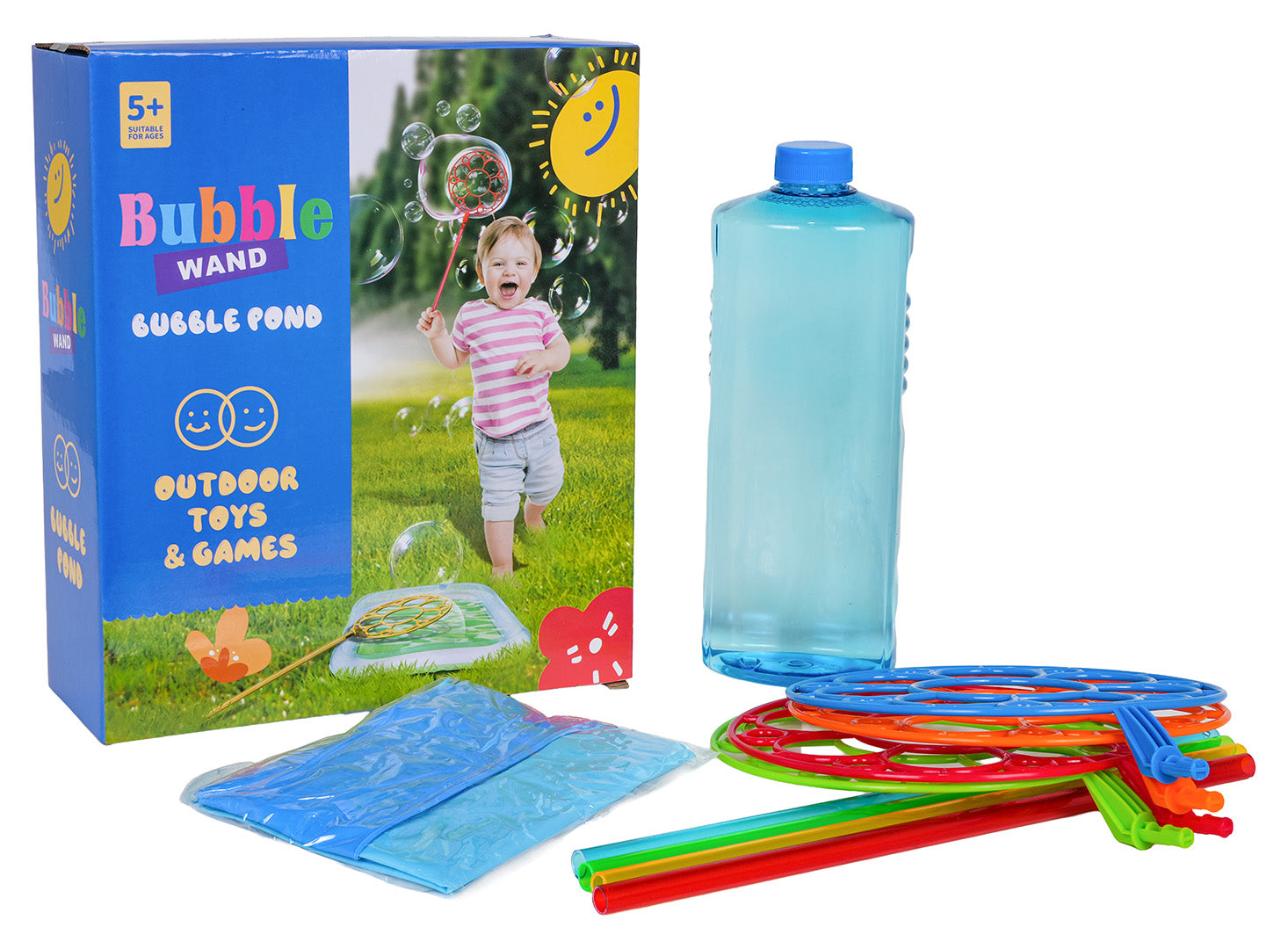 Burbuļu pūšanas komplekts “Bubble Wand” ar burbuļu šķīduma pudeli, četriem riņķiem un piepūšamu baseinu
