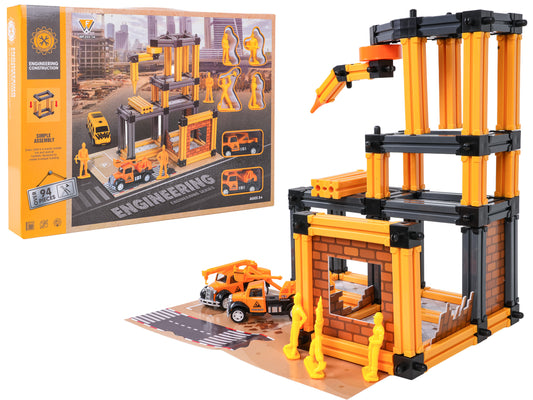 buvlaukuma garazas konstruktors ar celtniecibas masinam un stradnieku figurinam