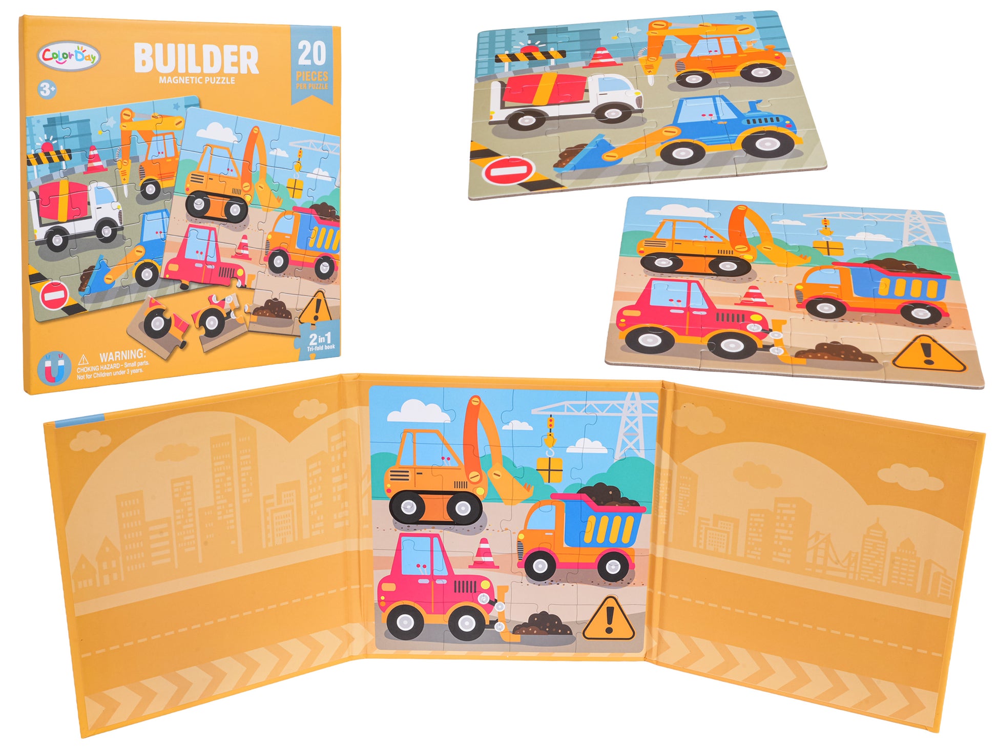 Būvlaukuma magnētiskā puzle grāmatā bērniem no 3 gadiem – 2 attēli ar celtniecības tehniku, 2x20 gabaliņi