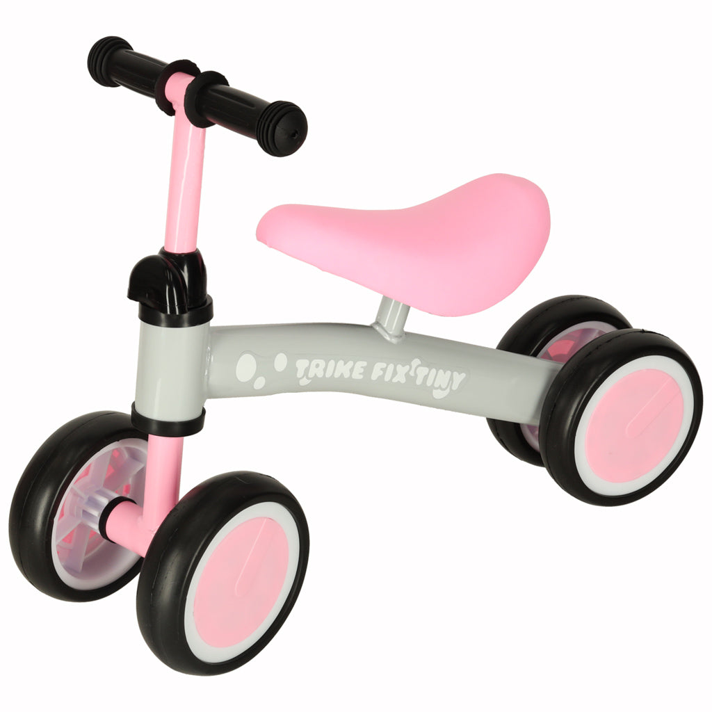 Četrriteņu balansa velosipēds bērniem pelēki rozā krāsā trīs ceturtdaļu skatā