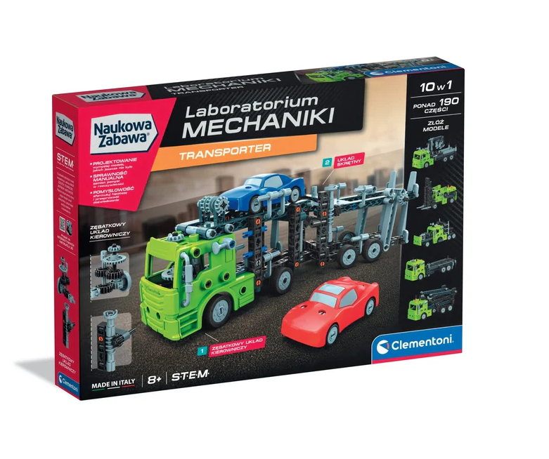 Clementoni Mechanics Laboratory auto vedējs, 10 modeļi, 190+ detaļas, 8+, iepakojums perspektīvā