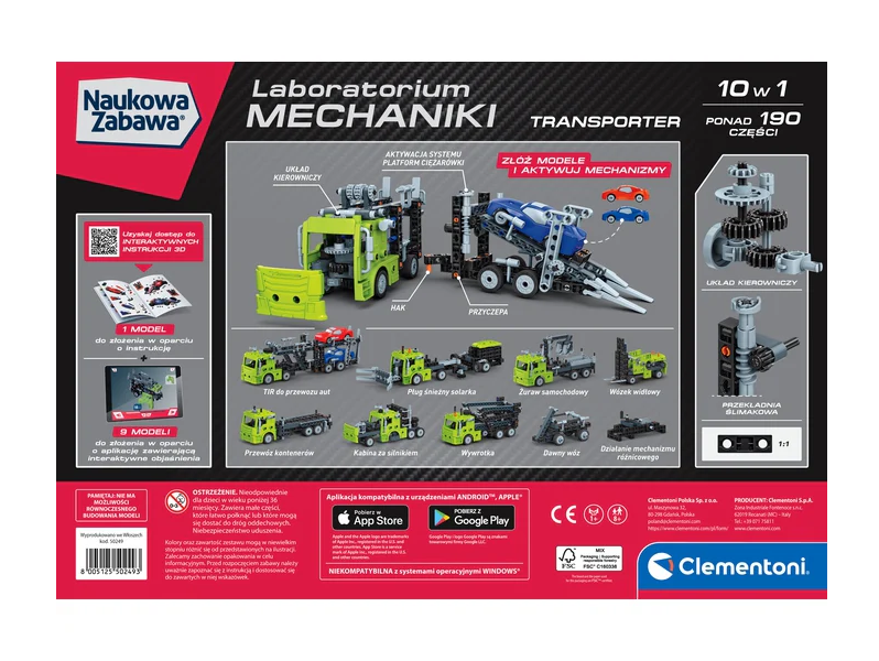 Clementoni Mechanics Laboratory auto vedējs, 10 saliekami modeļi un mehānismi, iepakojuma aizmugure