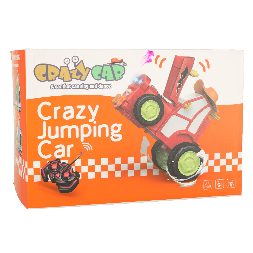 Crazy Jumping Car rotaļlietas iepakojums ar sarkanu trakojošu auto un tālvadības pulti uz oranža fona.