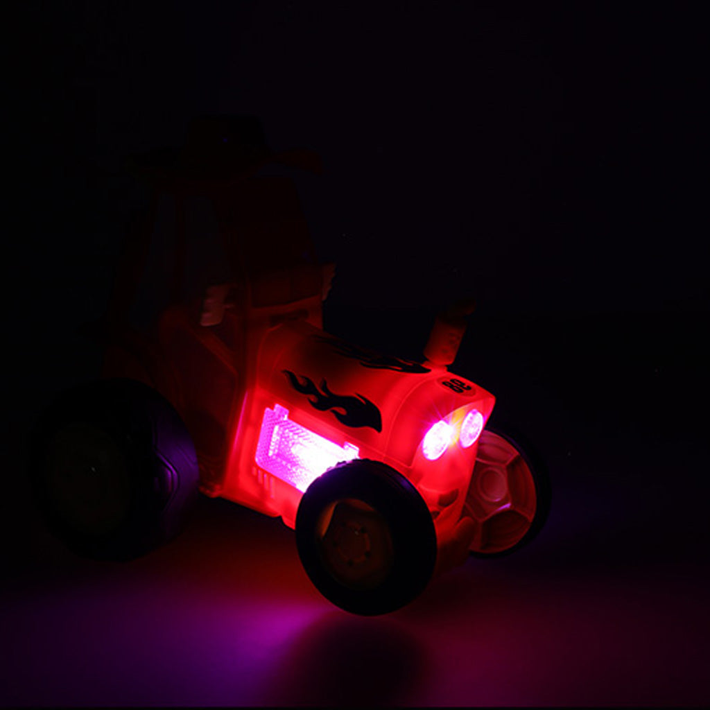 Crazy Jumping Car rotaļlieta tumsā ar spilgti rozā un violetām LED gaismām.”