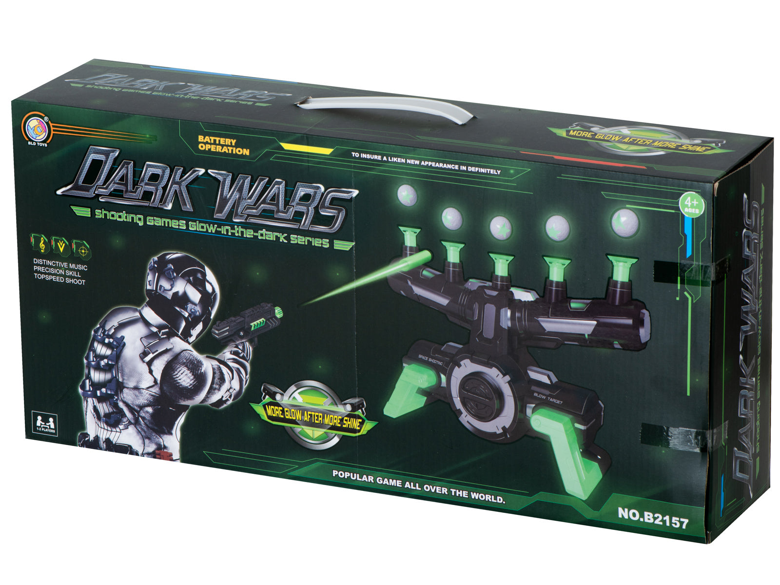 “Dark Wars” šaušanas spēles komplekta iepakojuma kaste — melna ar neonzaliem akcentiem, attēlots mērķis ar peldošām bumbiņām un rotaļu pistole, norāde par bateriju darbināšanu un 4+ vecumu