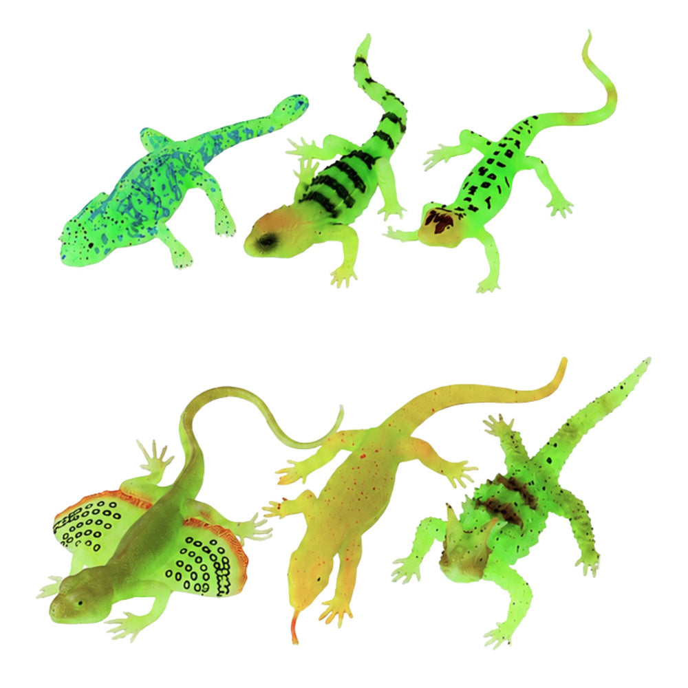 Dažādas zaļas fluorescējošas gumijas ķirzakas, kas spīd tumsā