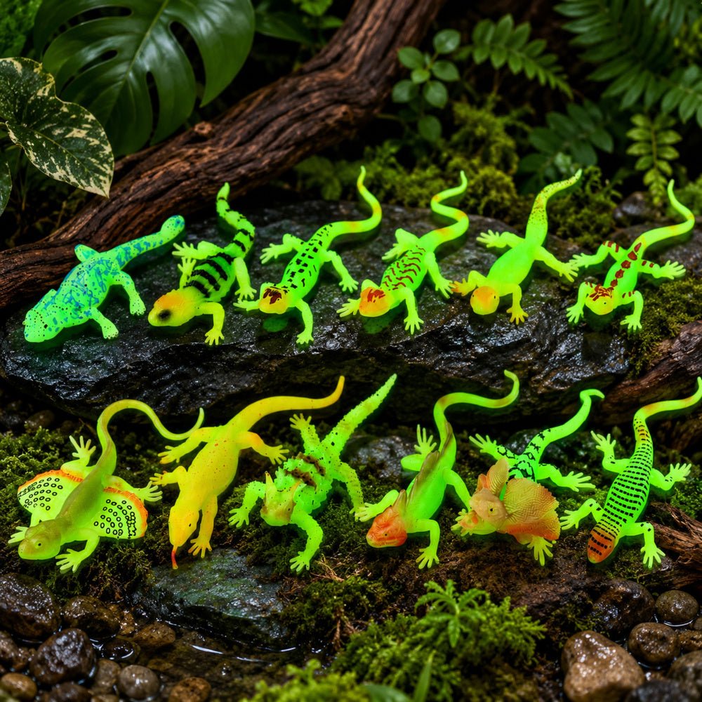 Dažādas zaļas fluorescējošas gumijas ķirzakas dabas vidē