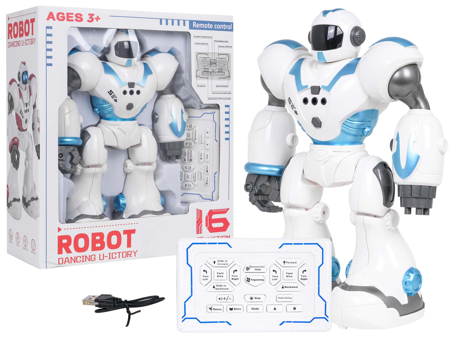 Zils Dejojošais robots U-ICTORY ar tālvadības pulti un USB kabeli
