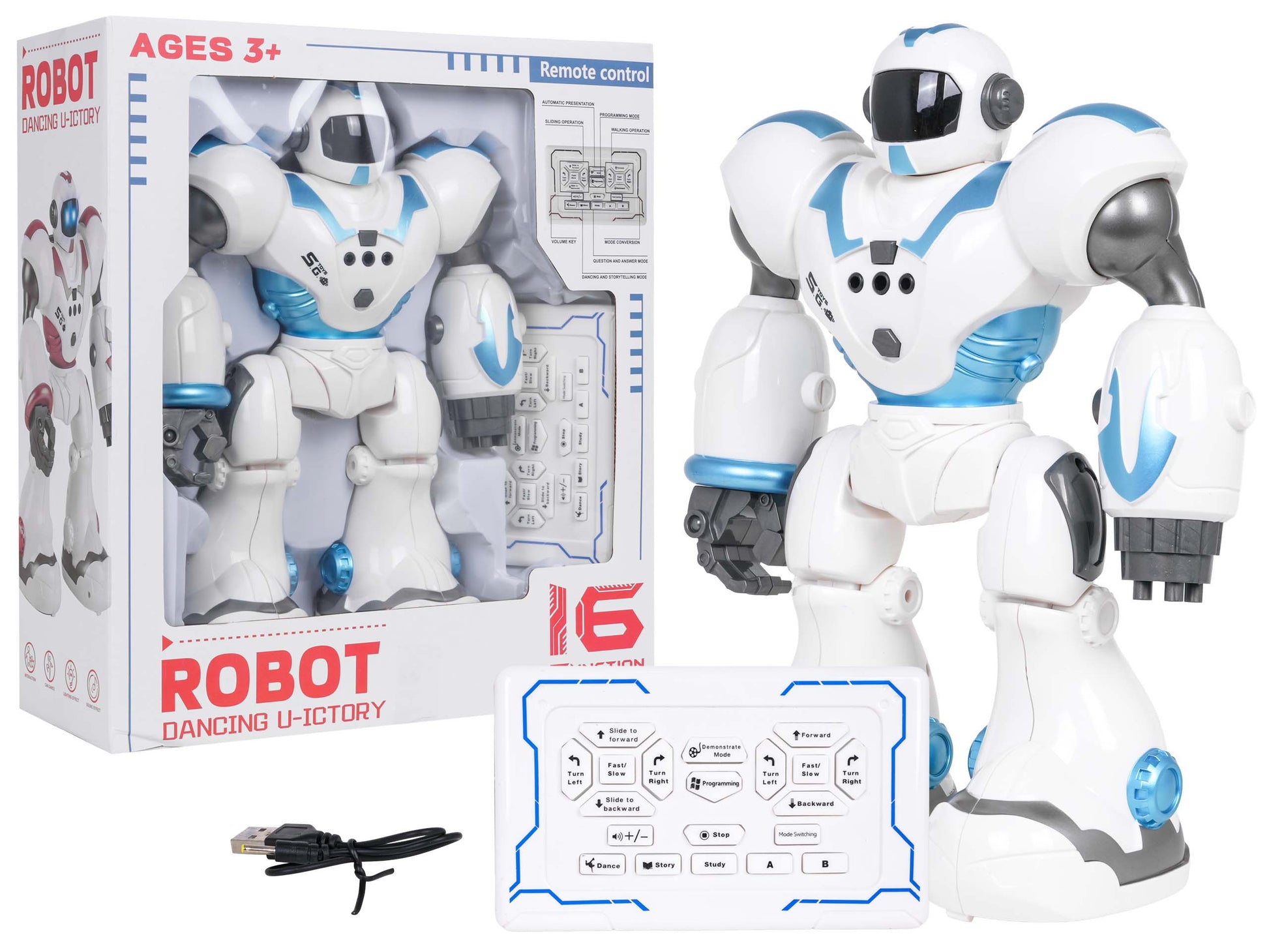 Zils Dejojošais robots U-ICTORY ar tālvadības pulti un USB kabeli