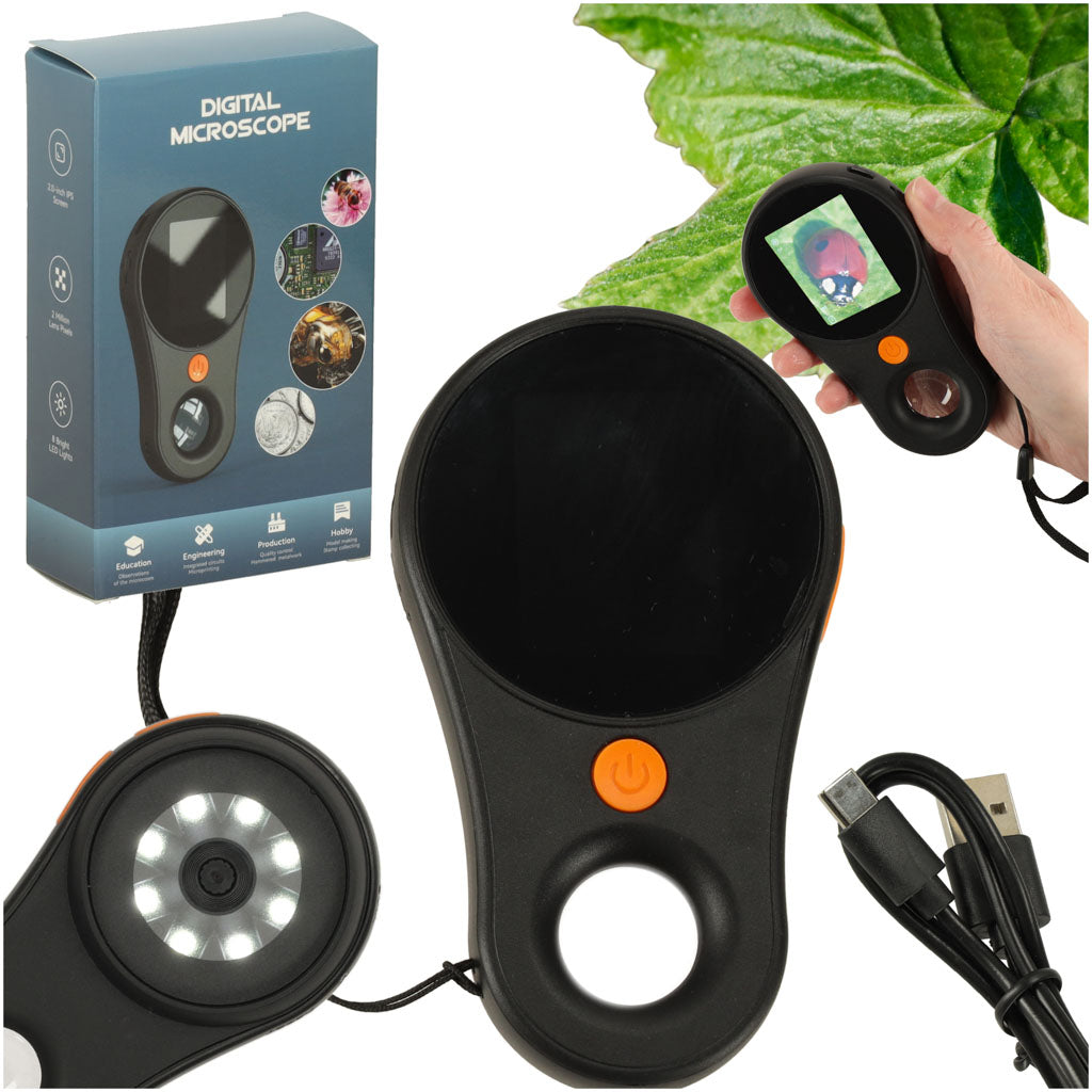 Digitālais USB mikroskops–lupa bērniem ar 2.0 collu ekrānu, 500ka palielinājumu līdz 500× un 8 LED apgaismojumu