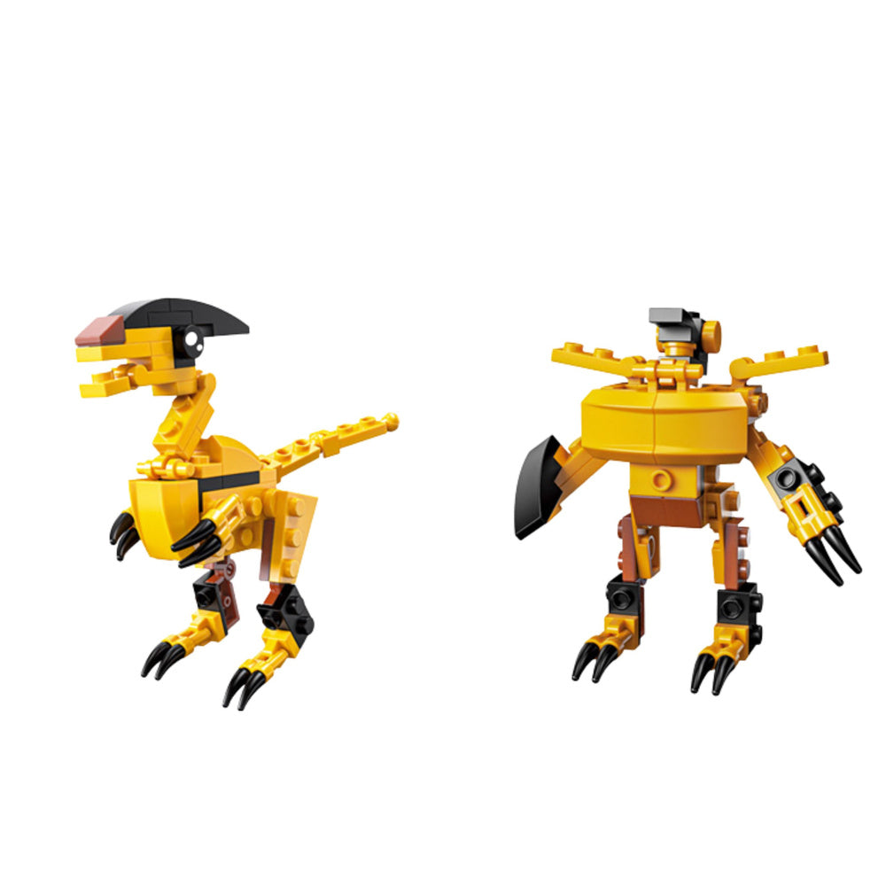 Dino 2in1 komplekts dzeltens dinozaurs ar melniem nagiem un robots ar apaļu krūšdaļu un spīlēm.