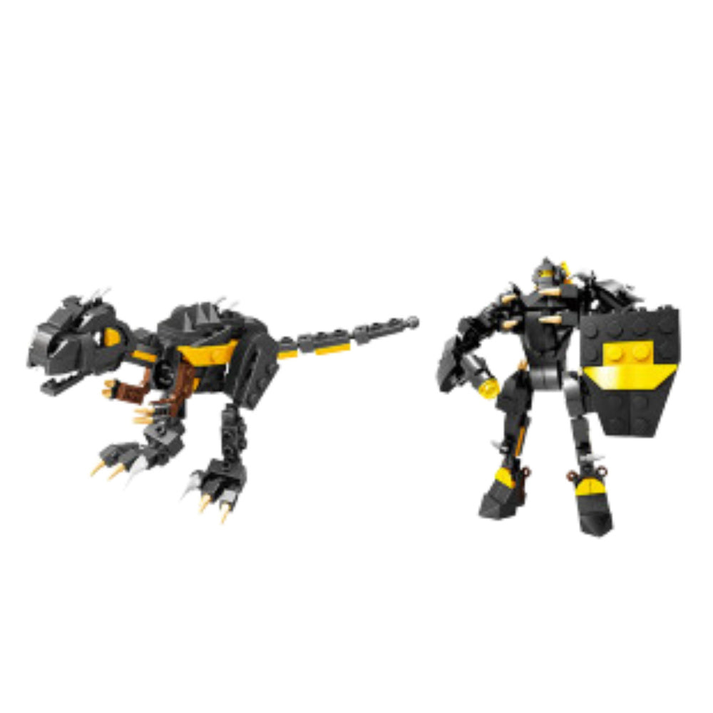 Dino 2in1 komplekts  melni dzeltena dinozaura modelis un robots ar vairogu.